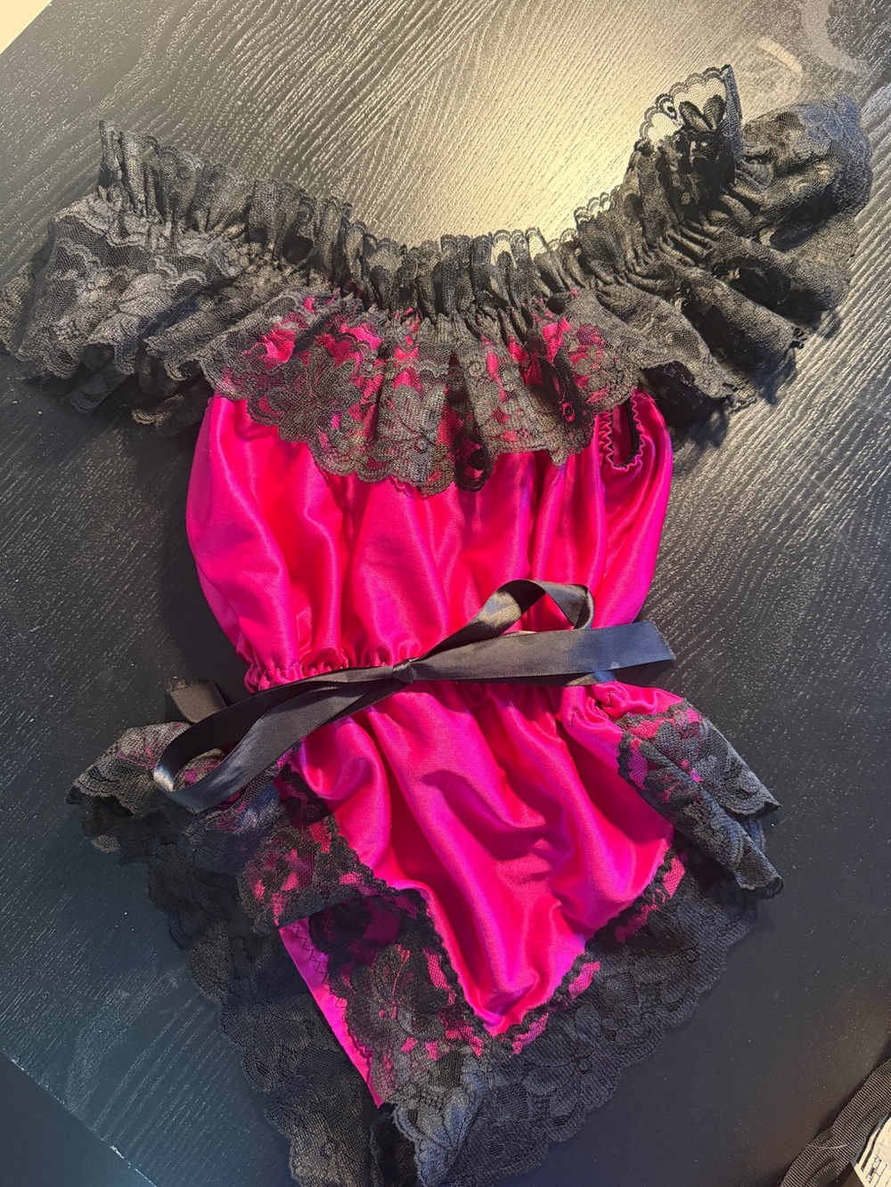 VTG 80’s Dolores for Poirette Fuchsia Pink Satin & Black Lace Teddy Onesie